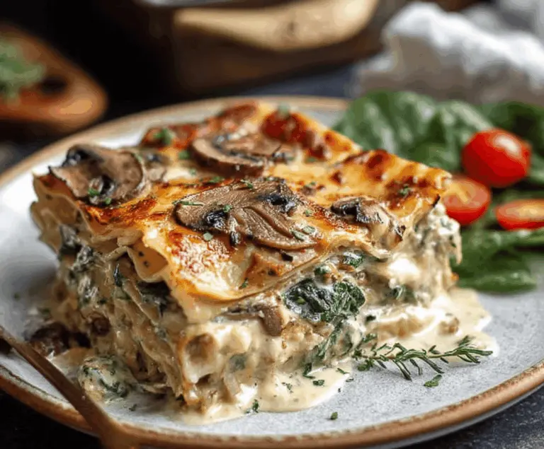 Delicious creamy spinach and mushroom lasagna layered with melted cheese and tender pasta.
