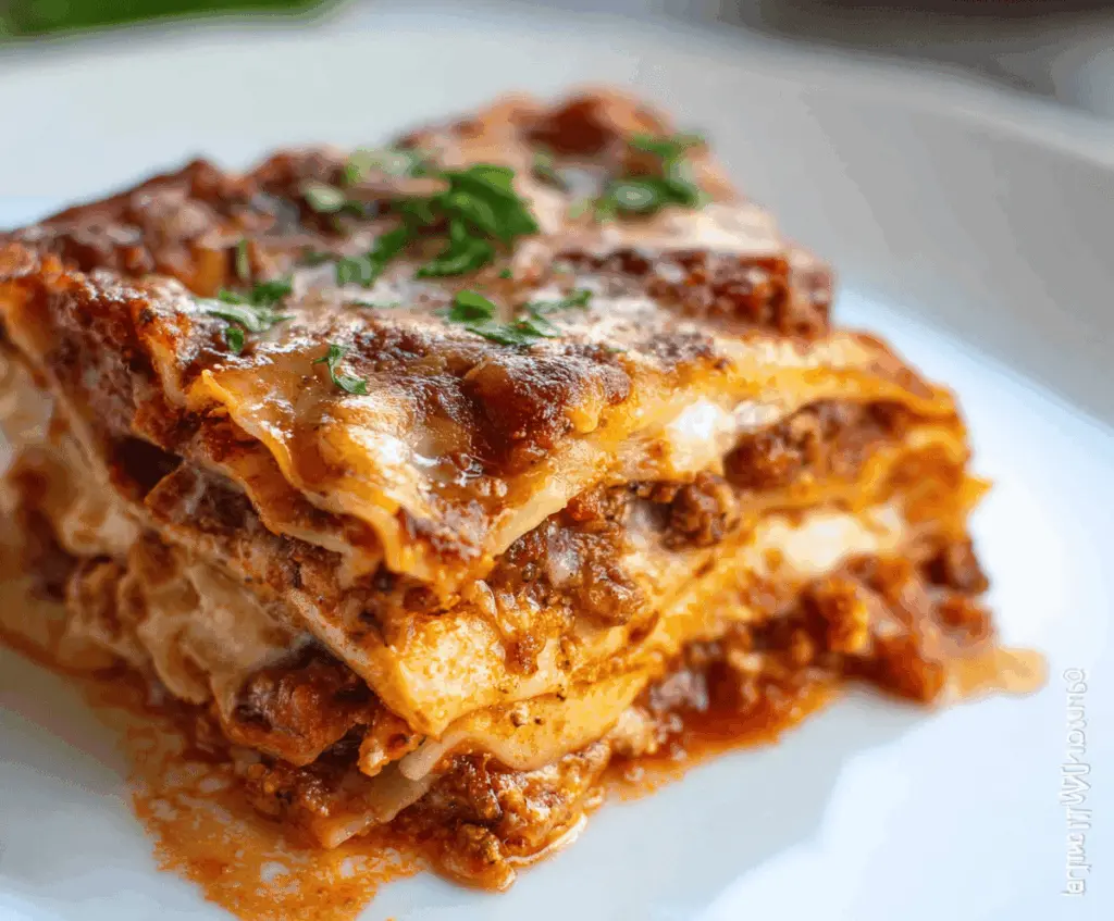 Delicious homemade lasagna with layers of cheese, meat, and rich tomato sauce on a baking dish.