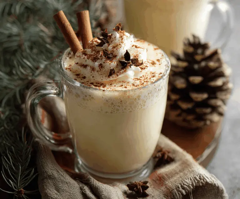 Creamy homemade eggnog in a glass with a touch of nutmeg on top, perfect for holiday celebrations.