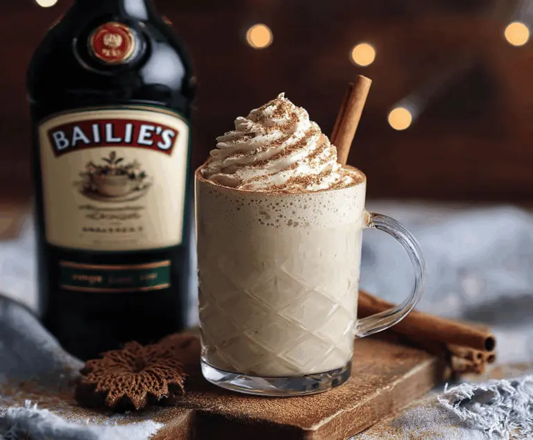 Creamy eggnog with Baileys Irish Cream in a festive glass for holiday celebrations.