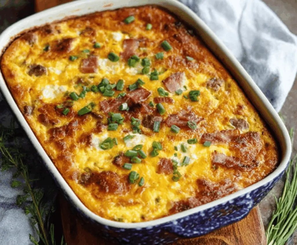 Delicious Farmer’s Casserole with fresh vegetables and melted cheese served in a rustic baking dish.
