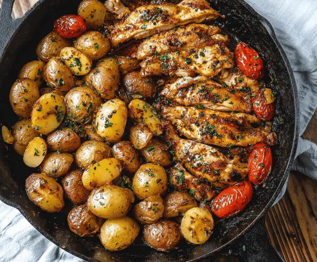 Savory garlic butter chicken and crispy potatoes cooked in a skillet, perfect for a hearty meal.