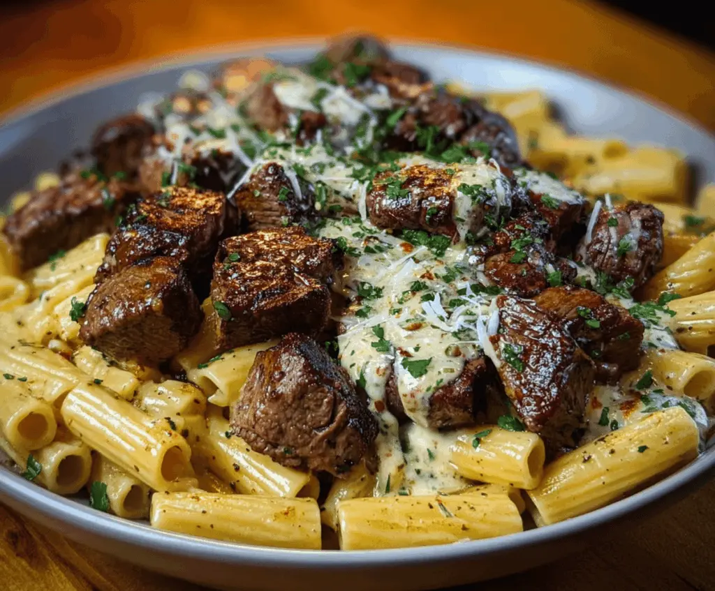 Juicy garlic butter steak tips served with cheesy rigatoni pasta for a delicious meal.