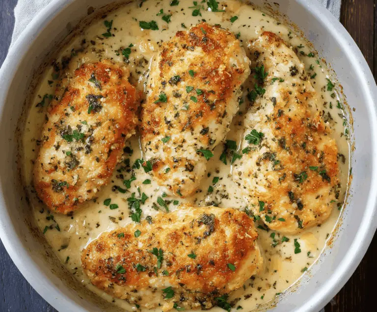 Baked garlic Parmesan chicken served on a white plate with fresh herbs.