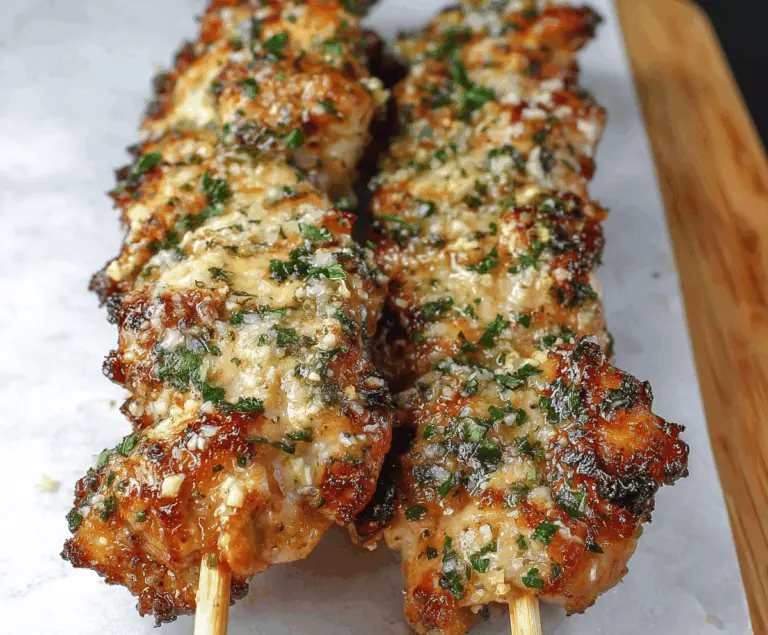 Juicy garlic parmesan chicken skewers grilled to perfection, served with fresh herbs.