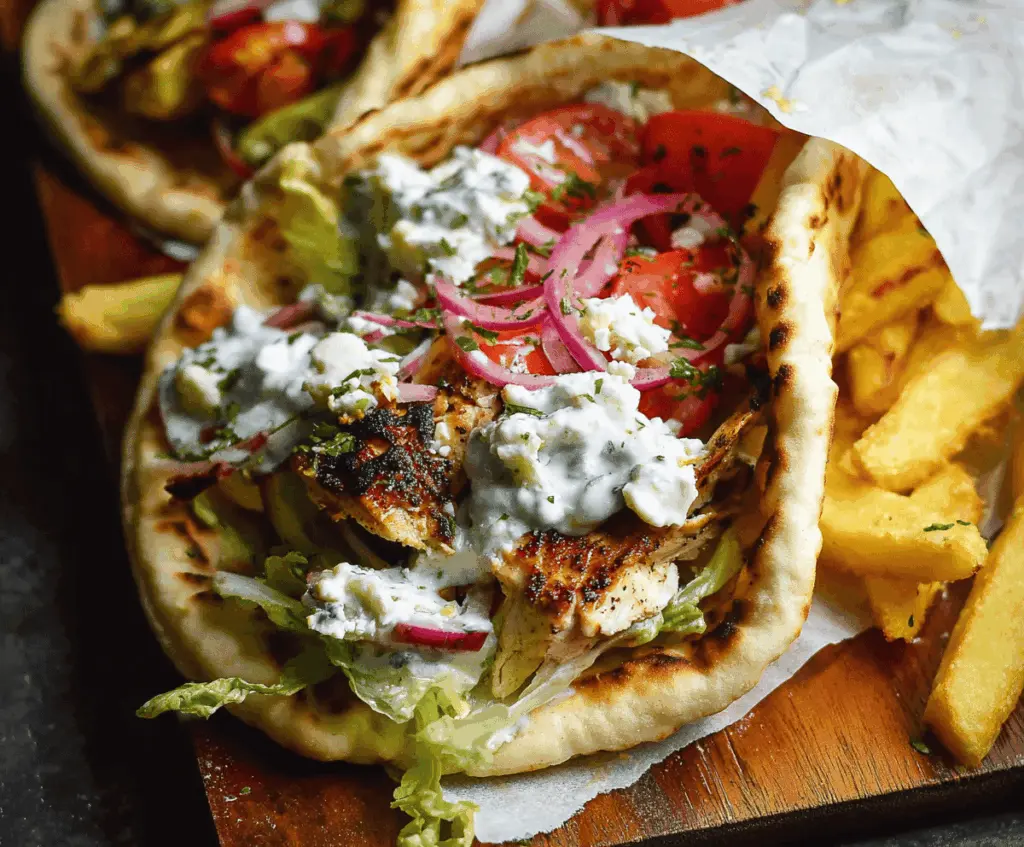 Delicious Greek Chicken Gyros served with fresh vegetables and creamy tzatziki sauce.
