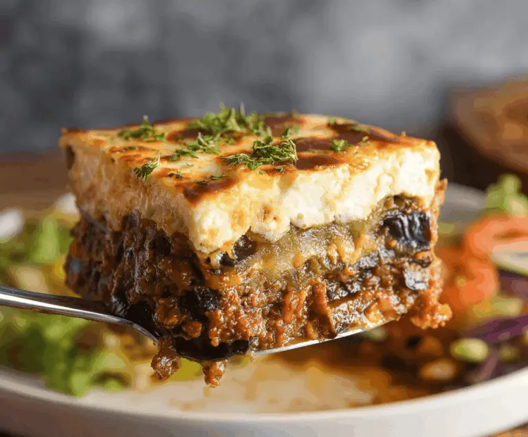 Delicious Greek Moussaka layered with eggplant, potatoes, and rich béchamel sauce in a baking dish.