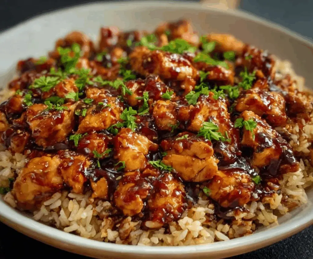 Delicious honey BBQ chicken served over rice, garnished with fresh herbs.