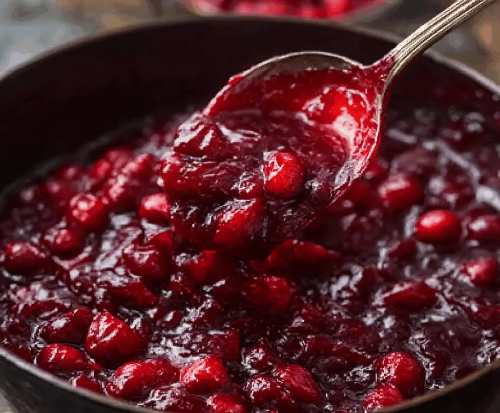 Tasteful image of Honey Bourbon Cranberry Sauce in a glass bowl, garnished with fresh cranberries and a sprig of mint for holiday celebrations.