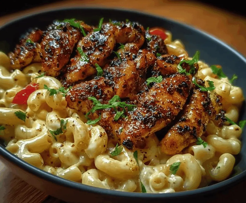 Delicious honey pepper chicken served with creamy macaroni cheese on a plate.