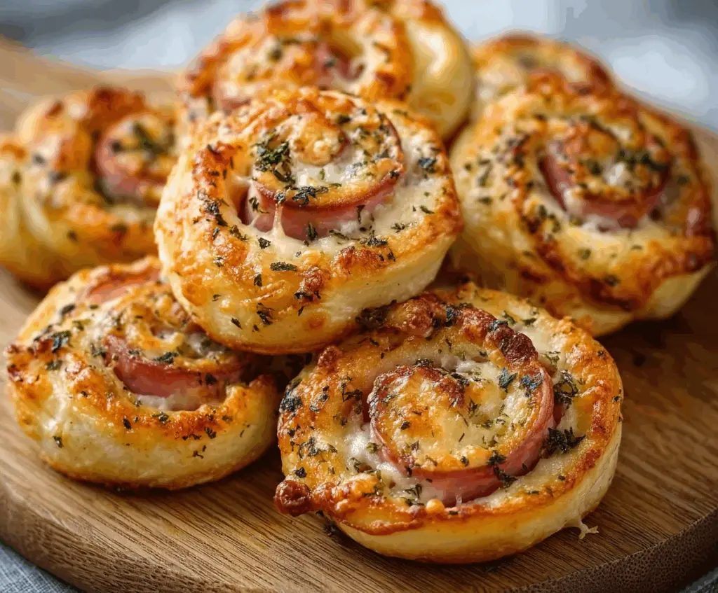 Delicious hot ham and cheese pinwheels served fresh as a savory appetizer or snack