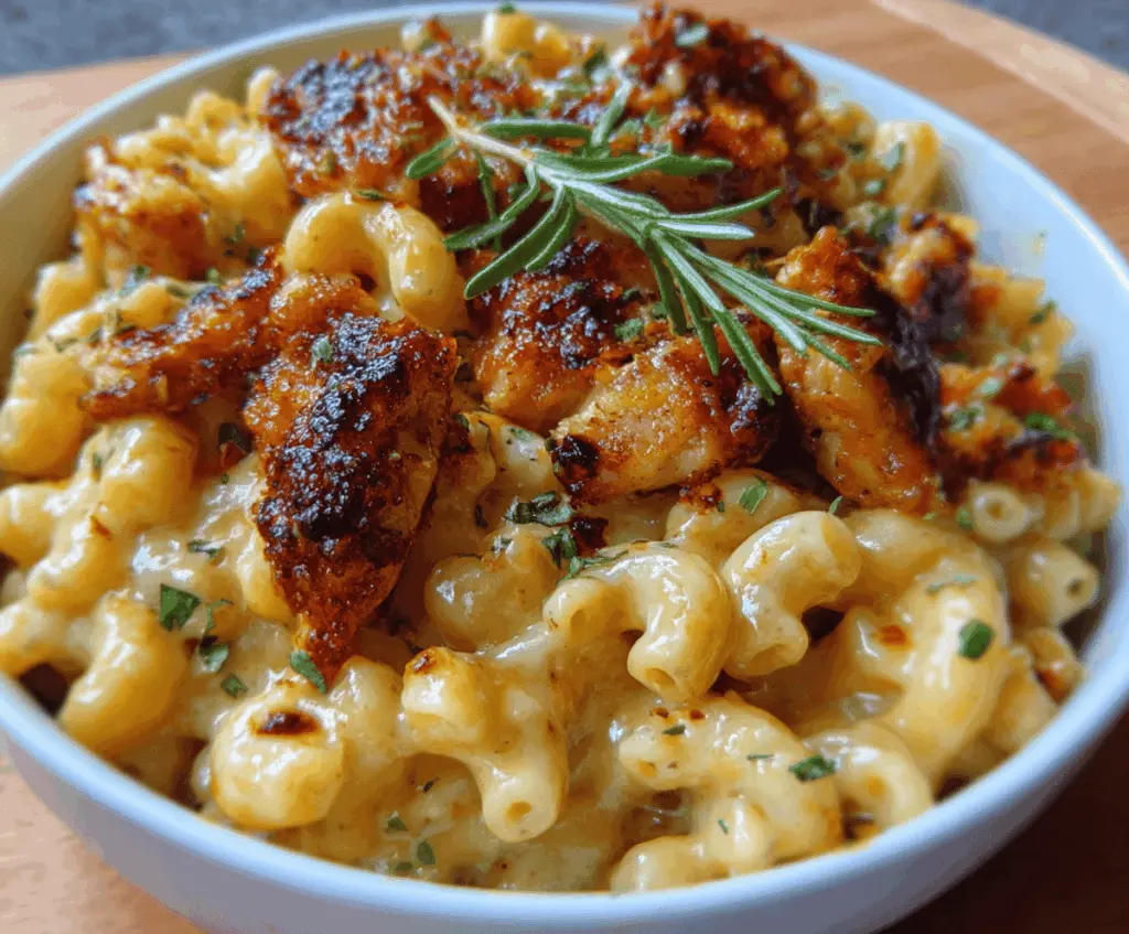 Creamy mac and cheese topped with spicy hot honey chicken and melted cheese.