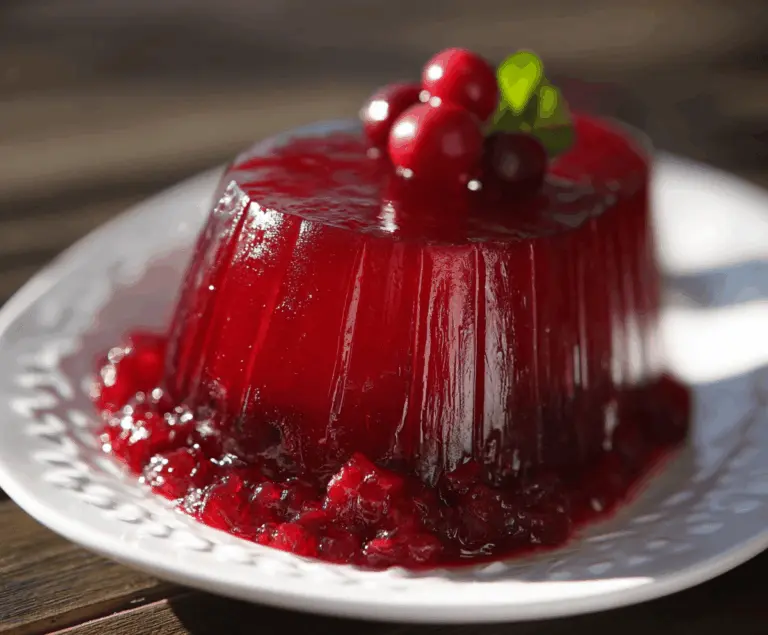 Homemade jellied cranberry sauce served in a clear glass dish for festive occasions.