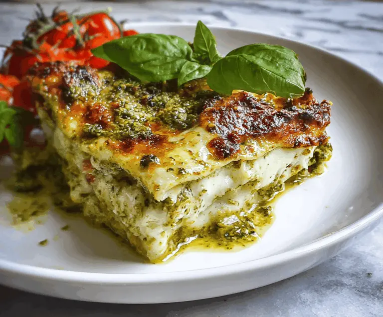 Delicious homemade Lasagna al Pesto with layers of pasta, fresh basil pesto, and melted cheese served on a white plate.