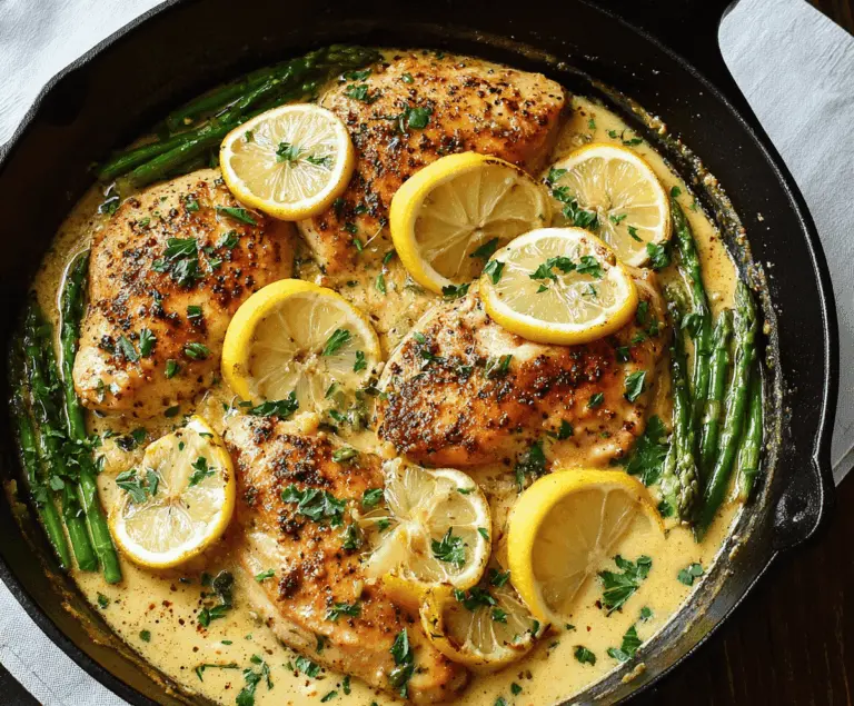 Juicy Lemon Garlic Chicken Skillet served with fresh herbs and vegetables