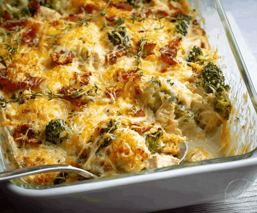 Delicious low carb chicken casserole with cheese and vegetables ready to serve