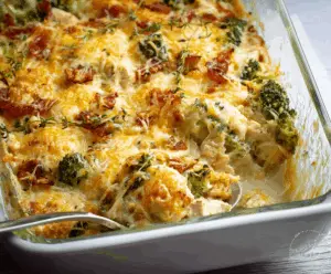 Delicious low carb chicken casserole with cheese and vegetables ready to serve