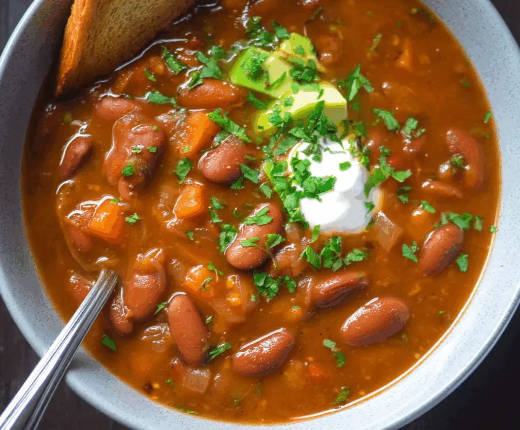 A steaming bowl of Mexican Pinto Bean Soup garnished with fresh herbs and served with tortilla chips.