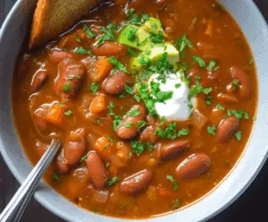 A steaming bowl of Mexican Pinto Bean Soup garnished with fresh herbs and served with tortilla chips.