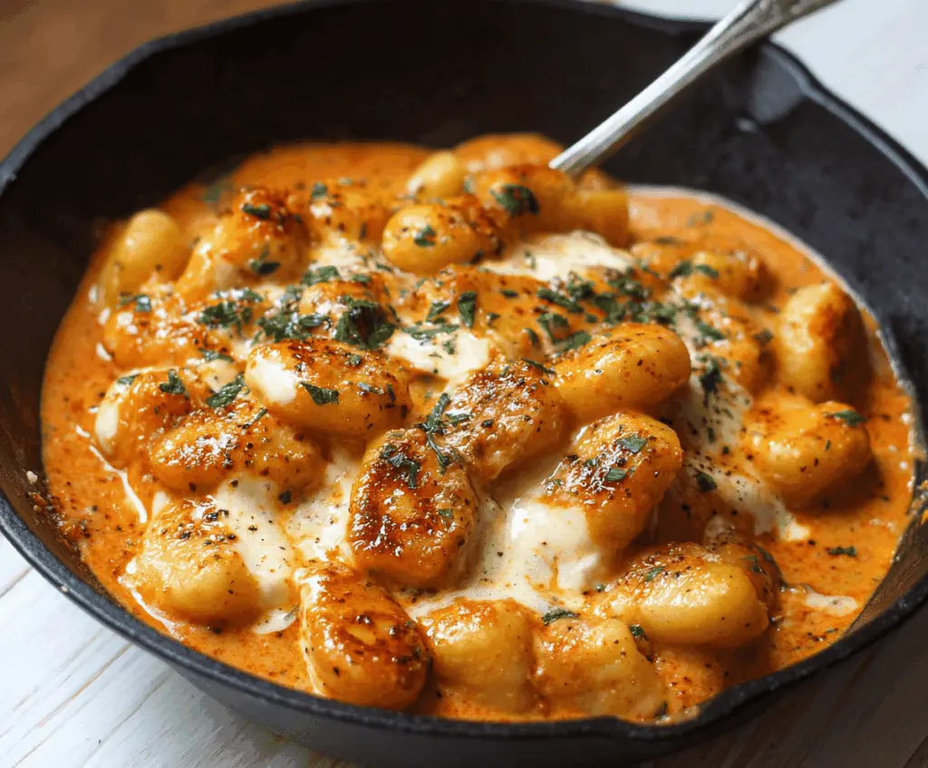 Delicious Millionaire Gnocchi with Creamy Sauce served on a plate, garnished with herbs.