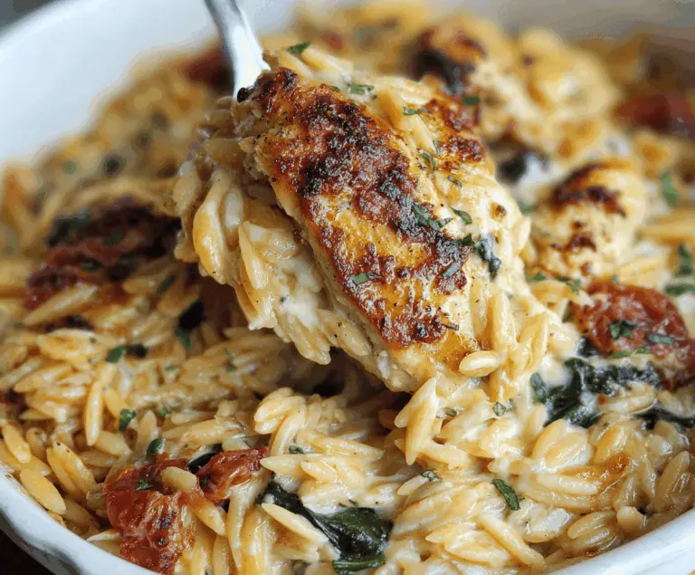 Delicious Monterey Chicken Orzo served on a plate with fresh herbs and vegetables