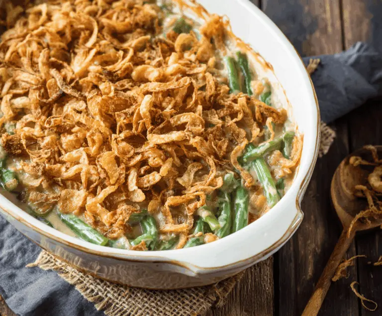 Delicious Campbell's Green Bean Casserole garnished with crispy fried onions on a serving dish.