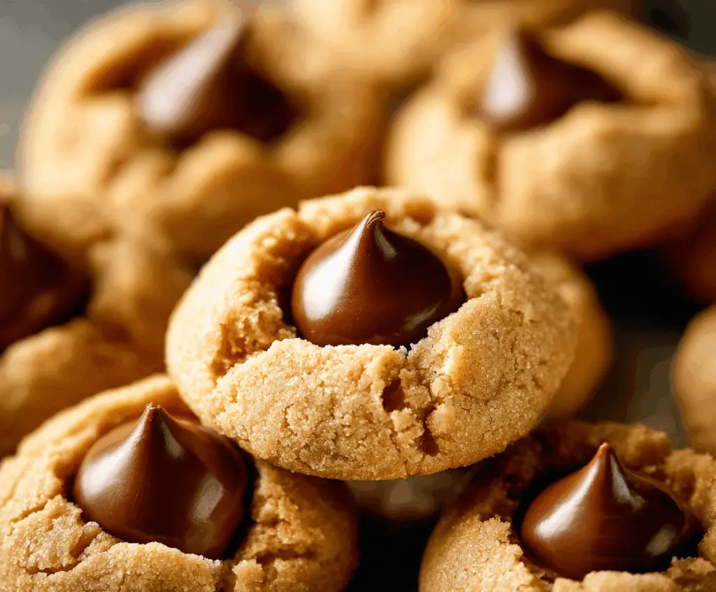 Delicious Peanut Butter Blossoms cookies with chocolate kiss toppings on a baking tray.