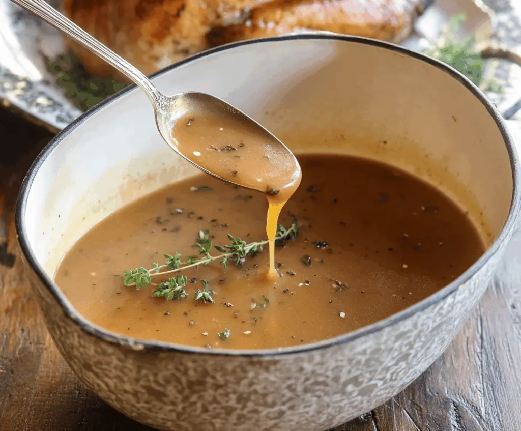 Delicious homemade turkey gravy served in a rustic bowl, perfect for festive holiday dinners.