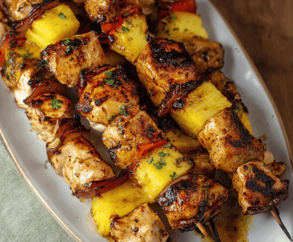 Juicy pineapple and tender chicken kabobs grilled to perfection on skewers.