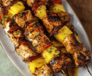 Juicy pineapple and tender chicken kabobs grilled to perfection on skewers.