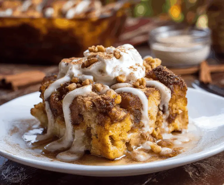 Delicious Pumpkin Spice French Toast Casserole topped with whipped cream and cinnamon.