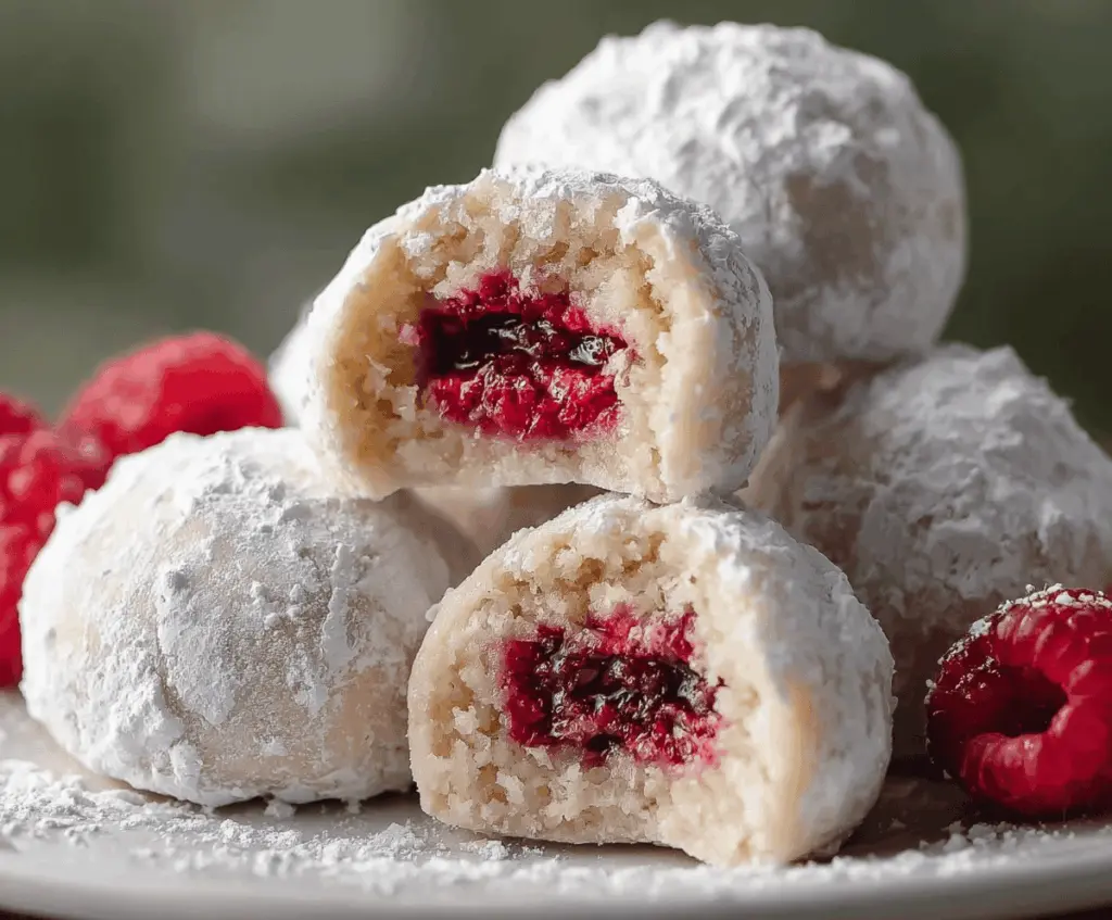 Delicious Raspberry Filled Almond Snowball Cookies arranged on a plate, showcasing their festive and sweet appearance.