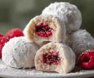 Delicious Raspberry Filled Almond Snowball Cookies arranged on a plate, showcasing their festive and sweet appearance.