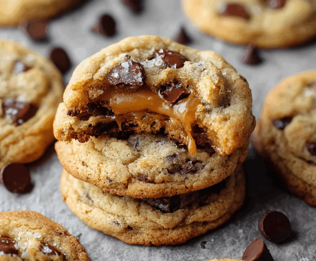 Delicious salted caramel chocolate chip cookies fresh out of the oven with gooey caramel and melted chocolate chunks.