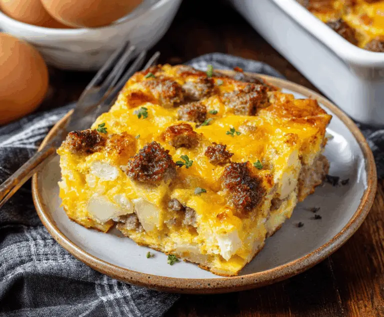 Delicious sausage and egg casserole baked to perfection, ready for breakfast or brunch.