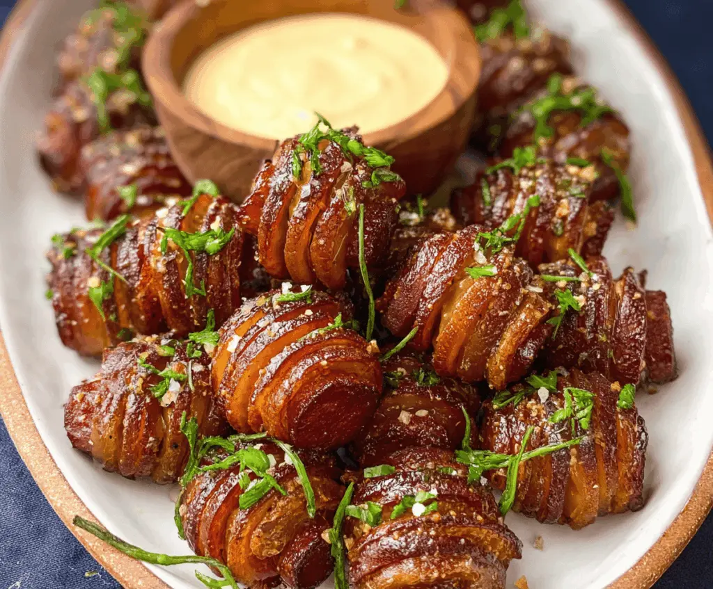 Savory Mustard Hasselback Kielbasa Bites arranged on a serving platter, showcasing a crispy exterior with a tangy mustard glaze.