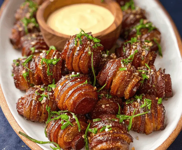 Savory Mustard Hasselback Kielbasa Bites arranged on a serving platter, showcasing a crispy exterior with a tangy mustard glaze.