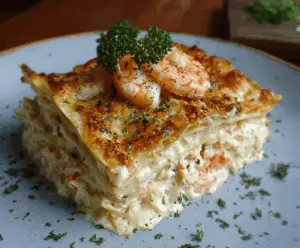 Delicious shrimp and crab lasagna with layered pasta and creamy sauce served on a white plate.
