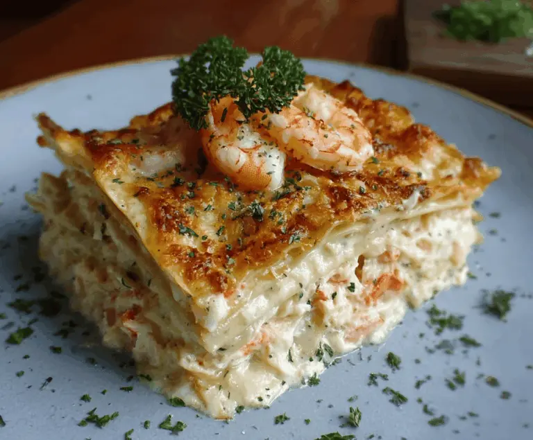 Delicious shrimp and crab lasagna with layered pasta and creamy sauce served on a white plate.