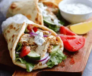 Delicious slow cooker chicken gyros with fresh vegetables and pita bread on a plate.