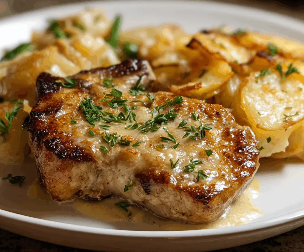 Delicious smothered pork chop served with creamy scalloped potato casserole on a rustic plate.