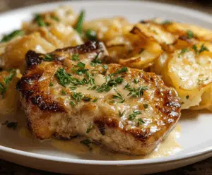 Delicious smothered pork chop served with creamy scalloped potato casserole on a rustic plate.
