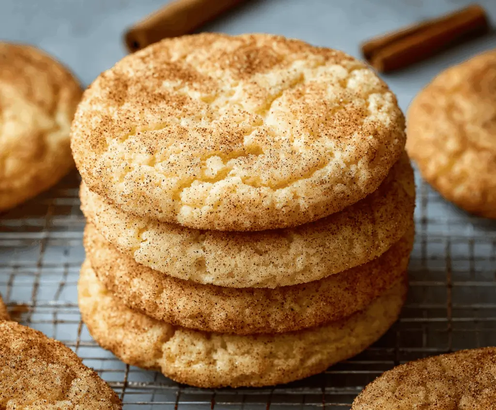 Delicious homemade Snickerdoodle Cookies dusted with cinnamon sugar on a rustic baking tray