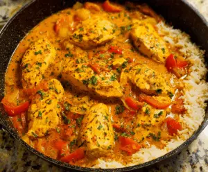 Delicious spicy Brazilian coconut chicken served on a plate, garnished with fresh herbs and lime wedges.