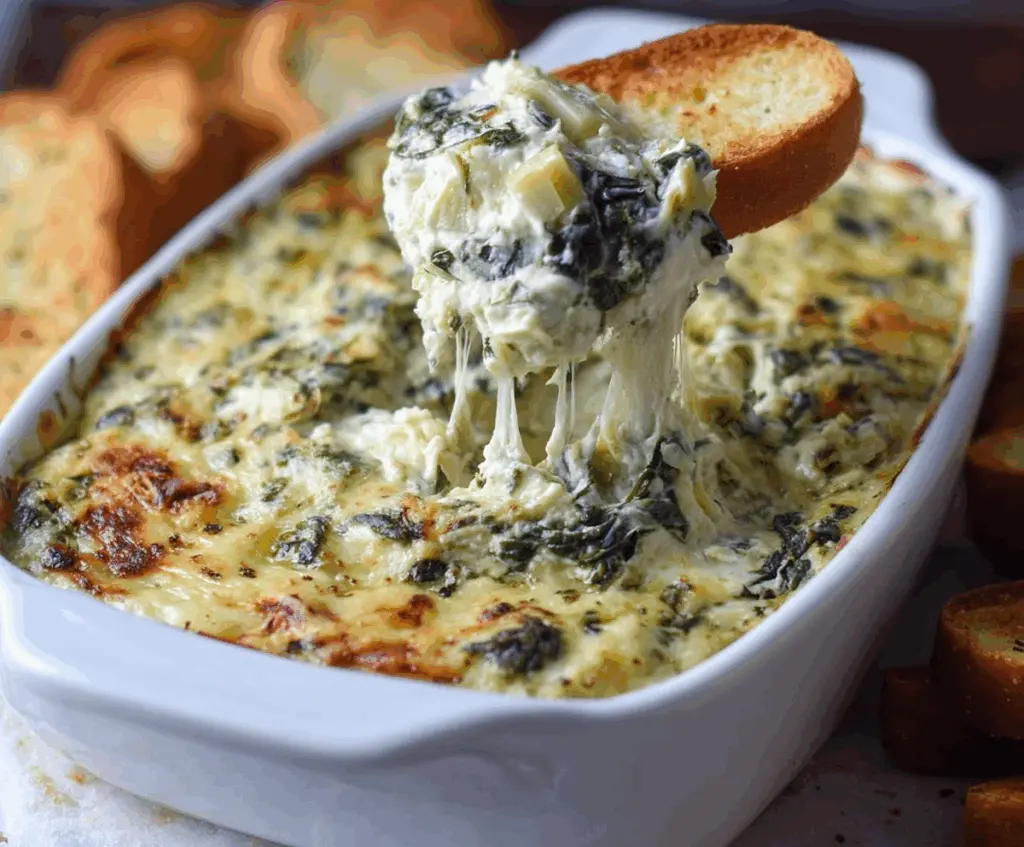 Creamy spinach and artichoke dip served with crispy chips, perfect for parties.