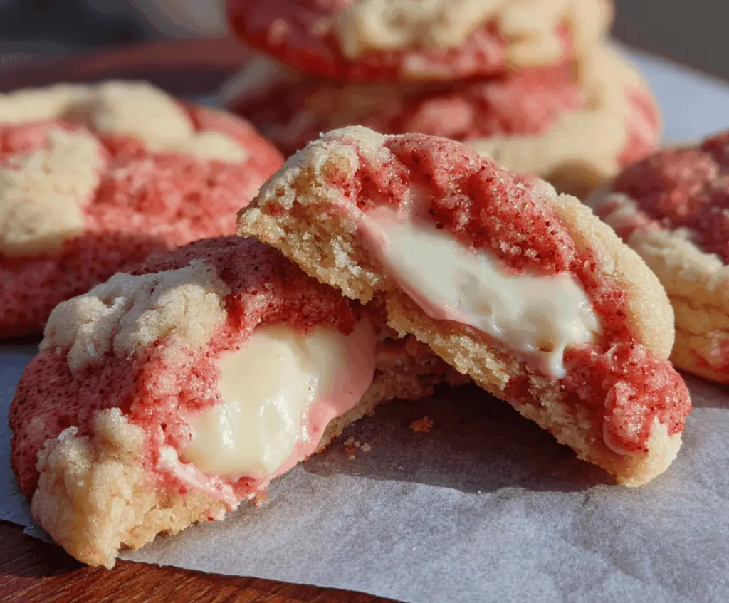 Delicious strawberry cheesecake stuffed cookies with a golden-brown exterior and creamy filling, perfect for dessert lovers.