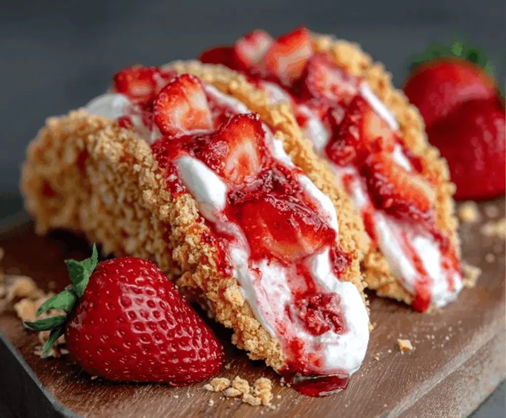 Delicious strawberry crunch cheesecake tacos topped with fresh strawberries and crunchy toppings.