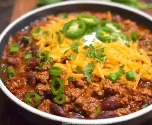 Delicious bowl of The Pioneer Woman Chili with beans, beef, and spices served hot.