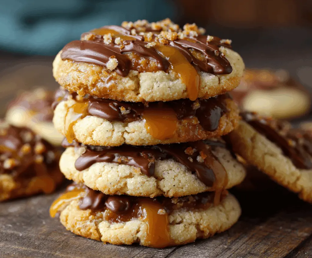 Delicious Ultimate Twix-Style Cookies with caramel, chocolate, and crunchy cookie layers.