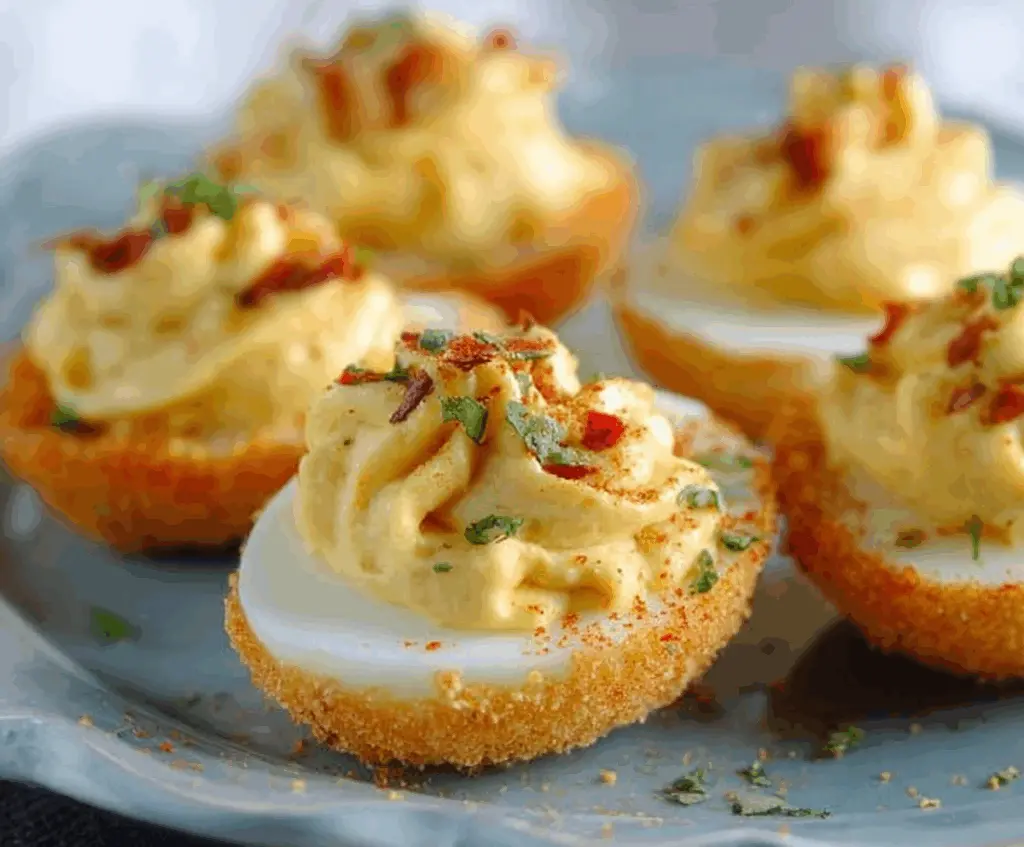 Delicious air fryer deviled eggs garnished with paprika and fresh herbs on a white plate.